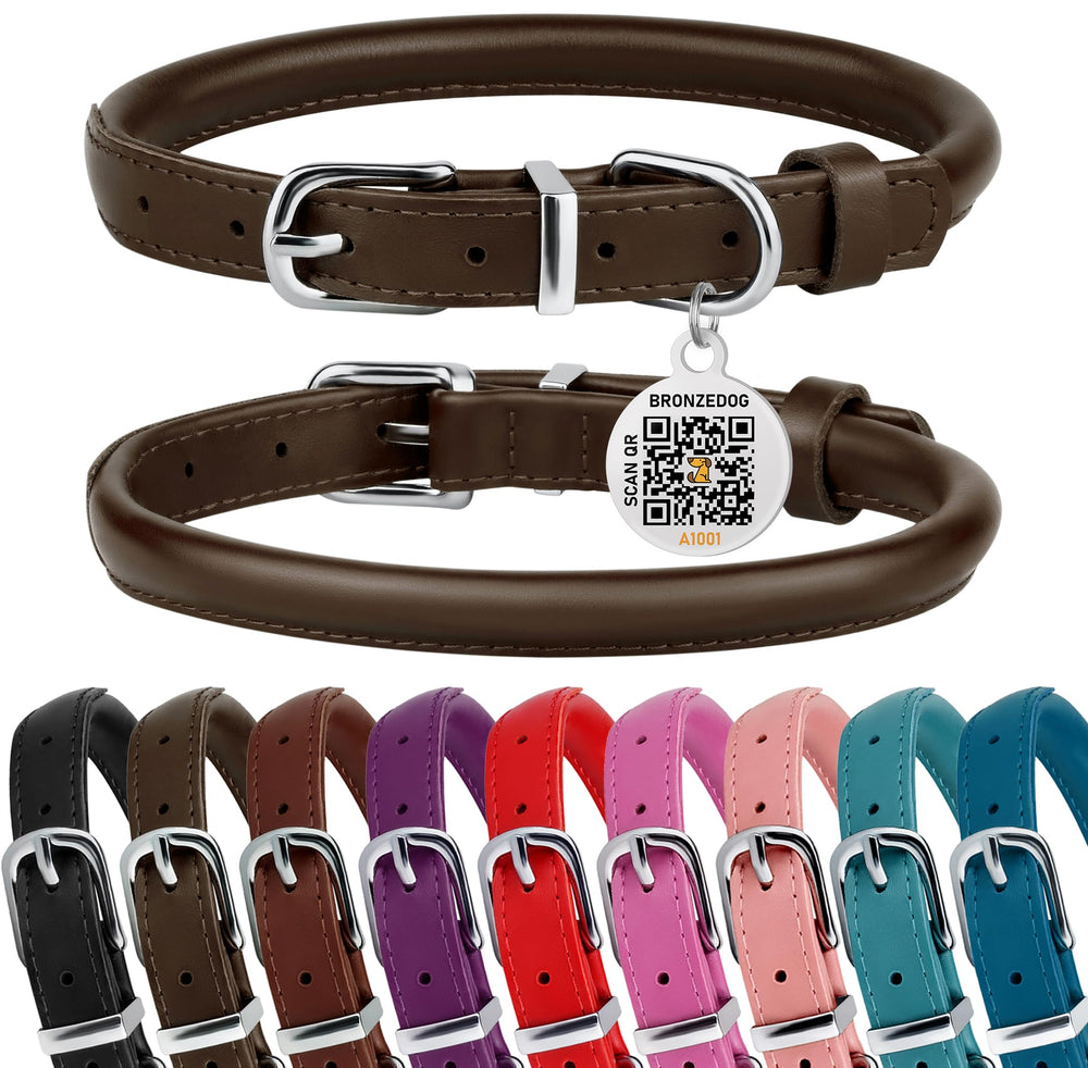 BRONZEDOG rolled leather collar coffee brown buckle for comfortable fit