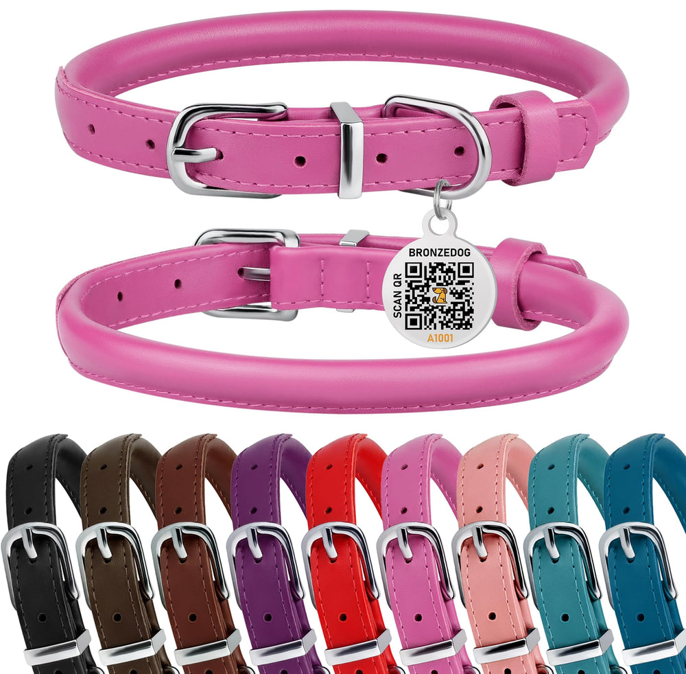 BRONZEDOG rolled leather collar in hot pink shows smooth edges for neck comfort.
