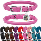 BRONZEDOG rolled leather collar in hot pink shows smooth edges for neck comfort.