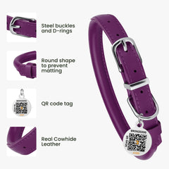 BRONZEDOG rolled leather collar plum D-ring view emphasizes easy leash attachment.