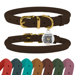 BRONZEDOG rolled leather collar with QR tag for quick pet ID and safety.