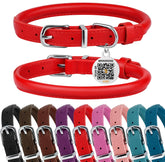 BRONZEDOG rolled leather collar Scarlet Red closeup showing smooth edges for comfortable daily wear.
