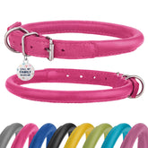 BRONZEDOG rolled-leather dog collar pink closeup highlighting comfort for long-haired dogs.