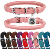 BRONZEDOG rolled leather collar front view highlights comfort and powder pink tone