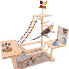 BRSLAIF wooden bird playground front view shows multi-level perches for exercise and enrichment