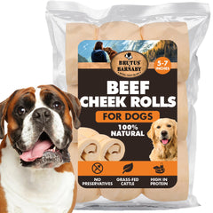 Brutus & Barnaby premium beef cheek rolls pack closeup for natural, long-lasting chews.