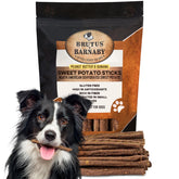 BRUTUS & BARNABY sweet potato crunchy sticks package; grain-free training rewards.