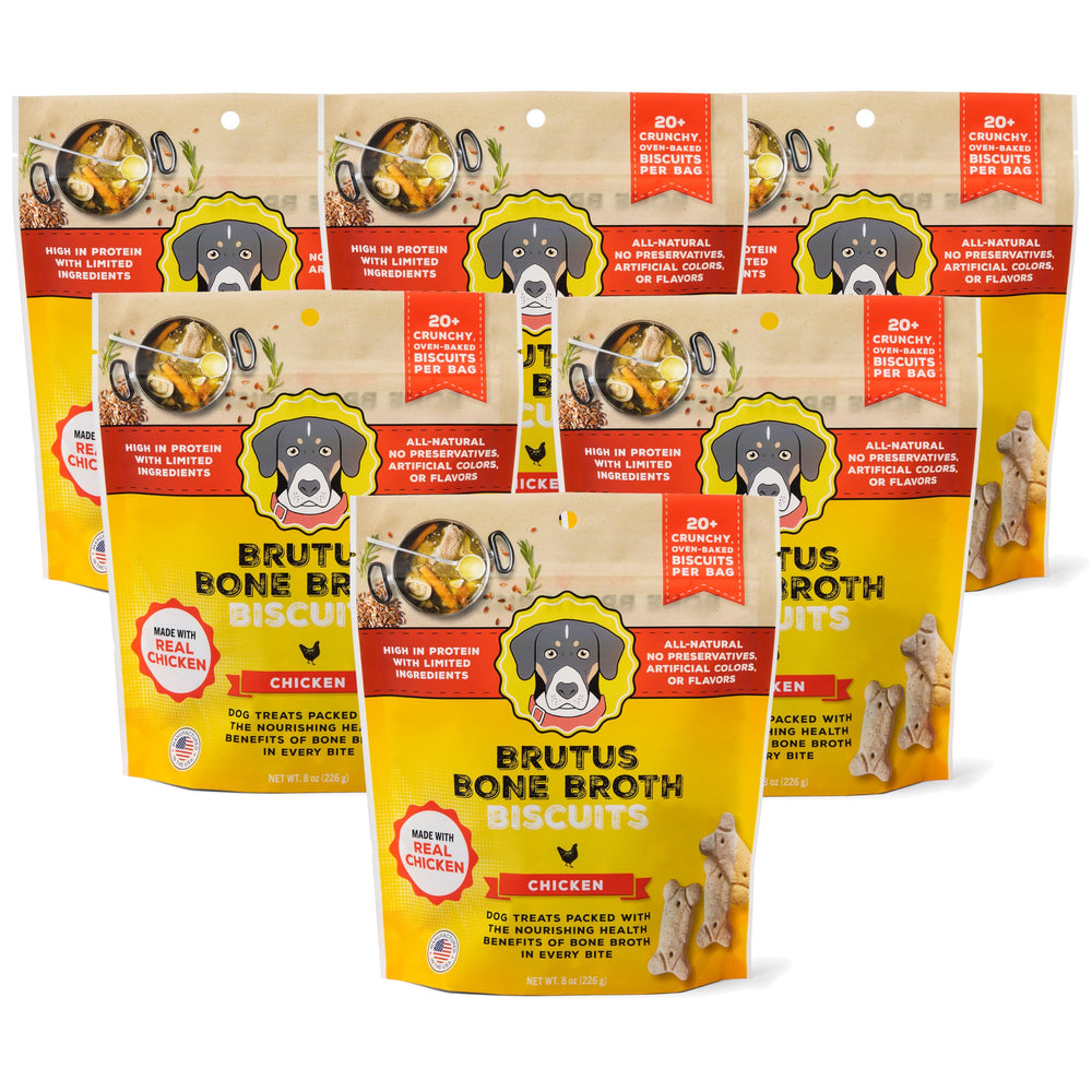 Brutus Bone Broth Biscuits packaging highlights gluten-free, preservative-free chicken treats.