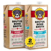 Brutus Bone Broth being poured into a dog bowl to boost kibble palatability.