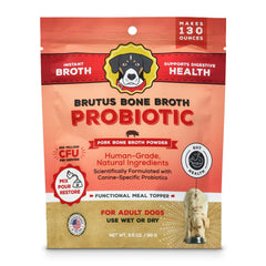 Brutus Bone Broth Powder pork flavor jar closeup highlighting natural ingredients and aroma appealing to dogs