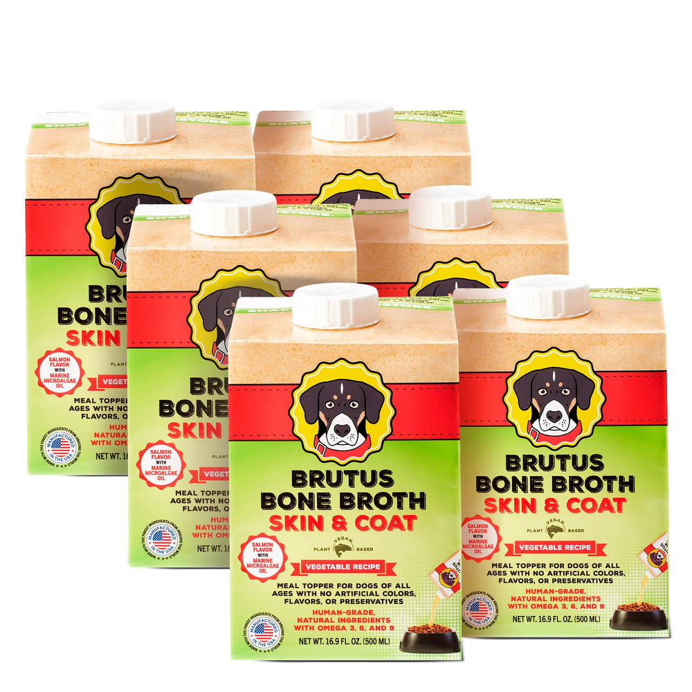 Brutus Vegetable Broth for Dogs bottle pour showing hydration and flavor enhancement.