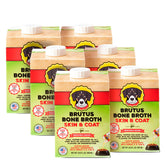 Brutus Vegetable Broth for Dogs bottle pour showing hydration and flavor enhancement.