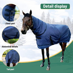 Brvoyep winter horse blanket navy front closure demonstrates secure chest fastenings.