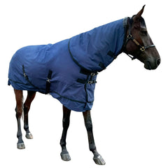 Brvoyep winter horse blanket navy left view shows rugged 1200D fabric for turnout.