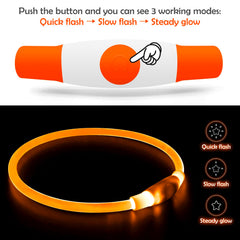 BSEEN LED dog collar orange demonstrates USB recharge for quick top-ups after walks.