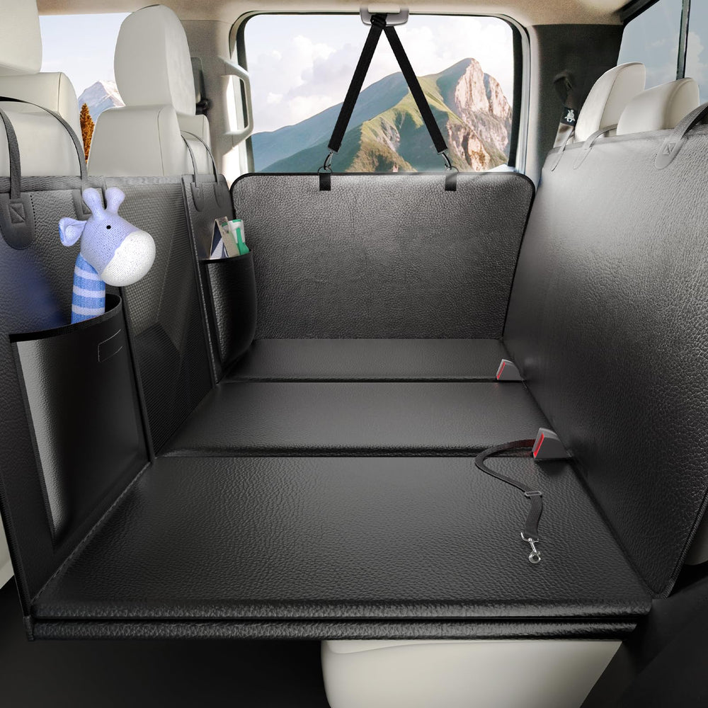 Btefd XL back seat extender front view shows full coverage and extra space for dogs.