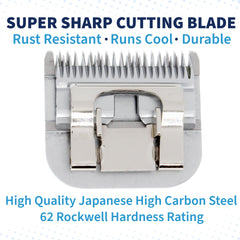Bucchelli 6.4mm clipper blade in hand for easy snap-on replacement.