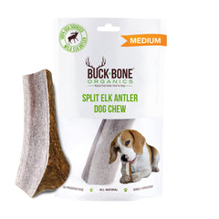 Buck Bone Organics elk antler medium dog chew cut for precise sizing and long-lasting gnaw