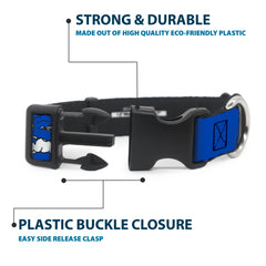 Buckle-Down Peanuts blue collar D-ring closeup shows secure leash attachment.