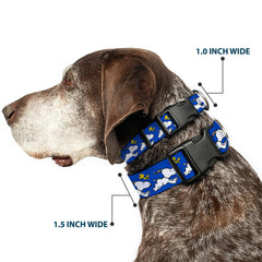 Buckle-Down Peanuts Snoopy Woodstock blue collar closeup highlights bright print and durable stitching.
