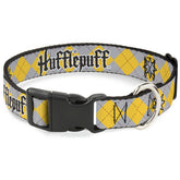 Buckle-Down Warner Bros collar with Hufflepuff stars argyle on gray-gold fabric for daily wear.