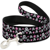 Buckle-Down dog leash in black with skulls and stars, durable print for daily walks.