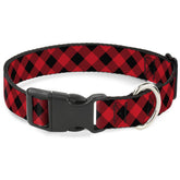 Buckle-Down diagonal buffalo plaid collar close-up shows durable buckle for daily wear.
