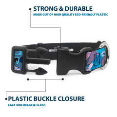Buckle-Down Disney collar blue-pink pattern close-up conveys vibrant seasonal style.