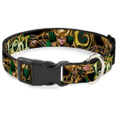 Buckle-Down dog collar Loki poses on display in black green gold for bold everyday wear