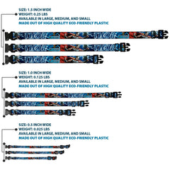 Buckle-Down Marvel collar features plastic buckle and D-ring for secure wear.