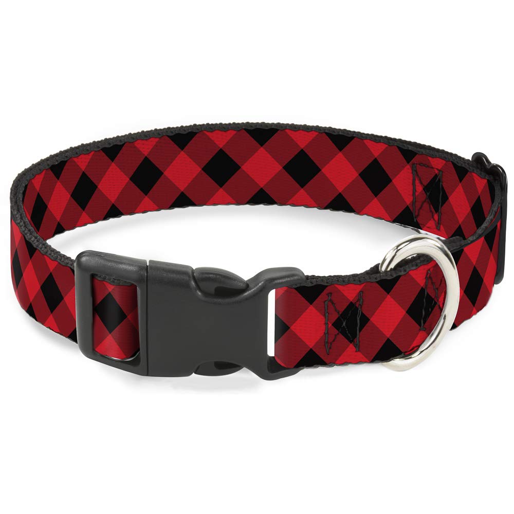 Buckledown diagonal-buffalo-plaid-collar offers bold daily style on a 1-inch polyester strap.