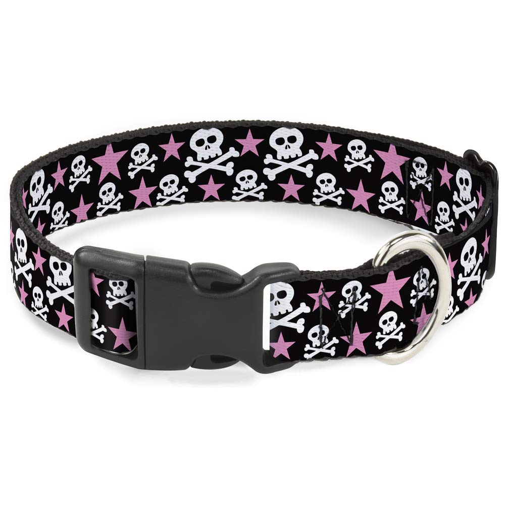 Buckle-Down plastic clip collar front view shows bold skulls and stars design for everyday wear