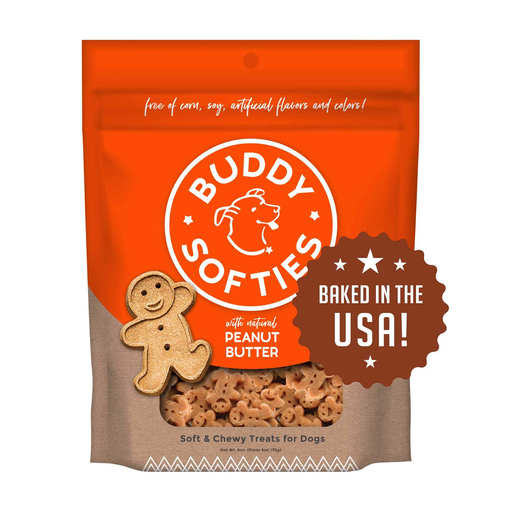 Buddy Biscuits soft-chewy peanut-butter treat hero image showing bag and dogs ideal training reward