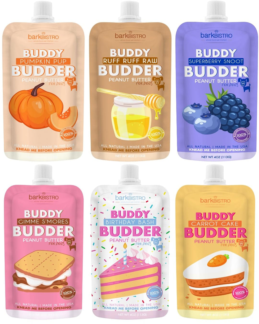 Buddy Budder 6-pack mixed flavors squeeze packs for travel-friendly snacking.