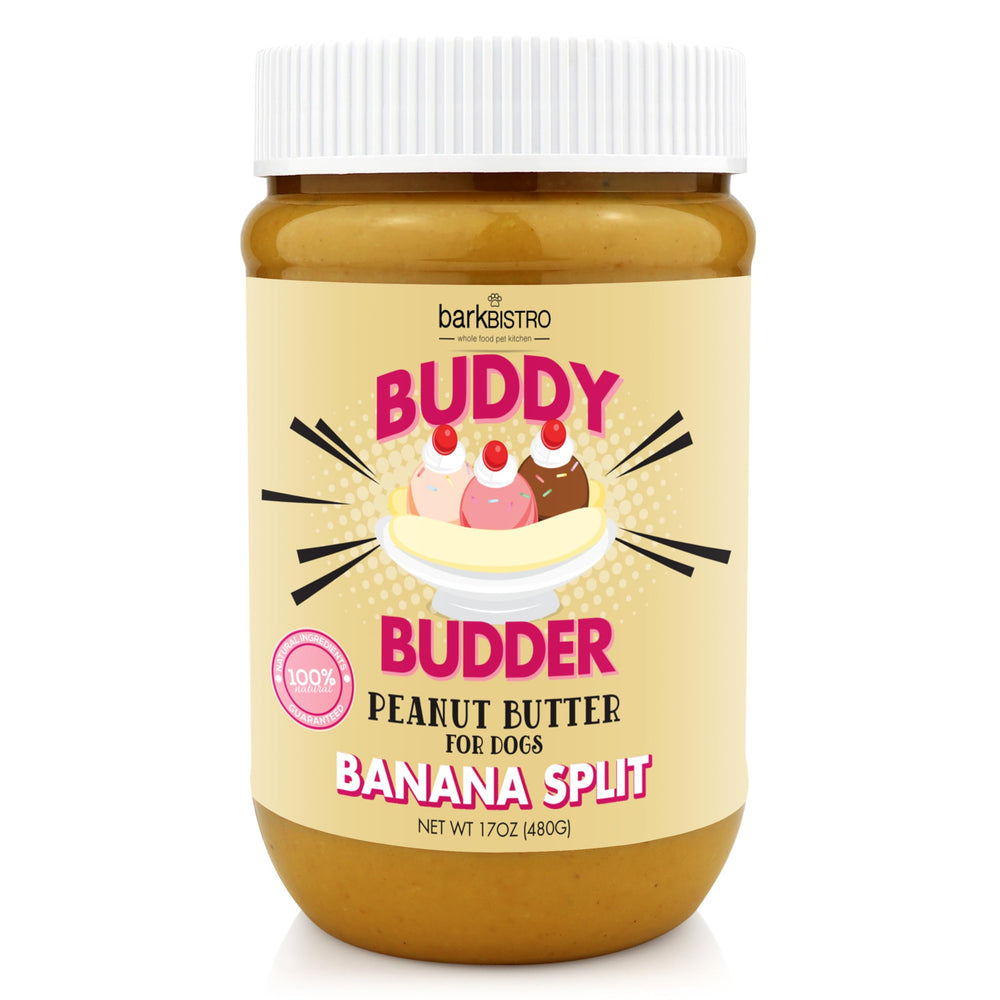 Buddy Budder Banana Split jar front showing natural ingredients and simple packaging