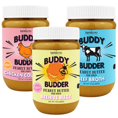 BUDDY BUDDER Bark Bistro beef broth jar shows simple ingredients for a tasty dog treat.