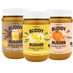 Buddy Budder Pumpkin Pup jar open showing all-natural dog peanut butter for canine treats