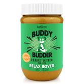 Buddy Budder Relax Rover bottle highlights all-natural dog peanut butter for calm moments.