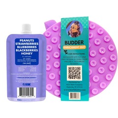 Buddy Budder Superberry peanut butter squeeze pack delivers blueberry-blackberry flavor for treats.