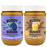 Buddy Budder Superberry Snoot 17oz jar front, ideal for tasty, all-natural dog treats.