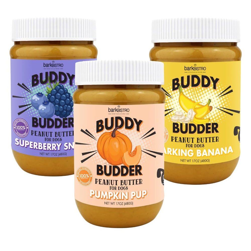 Buddy Budder Superberry Snoot jar for treats, all-natural dog peanut butter.