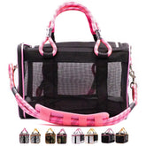 Buddy's Best airline-approved carrier under seat in black and pink, for easy boarding