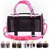 Buddy's Best airline pet carrier under seat, front view with white pink design and secure travel zippers