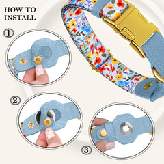 BUDKAS AirTag collar shown with size chart for secure fit from XS to XL.