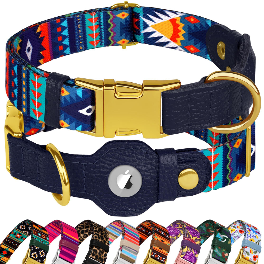 Budkas AirTag dog collar leather-nylon tribal pattern shows durable daily wear and tracking
