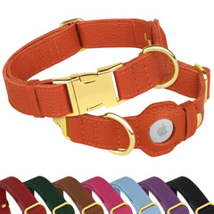 BUDKAS Leather AirTag Dog Collar with soft leather for comfort and AirTag holder