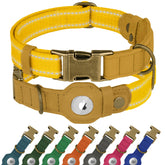 BUDKAS reflective leather dog collar with AirTag holder; yellow, size L, 17-21 inches.