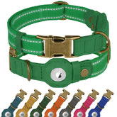 BUDKAS reflective leather dog collar with AirTag holder for GPS tracking.