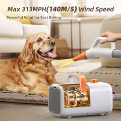 Buenkee dog blow dryer side hose demonstrates flexible hose for easy handling during grooming.