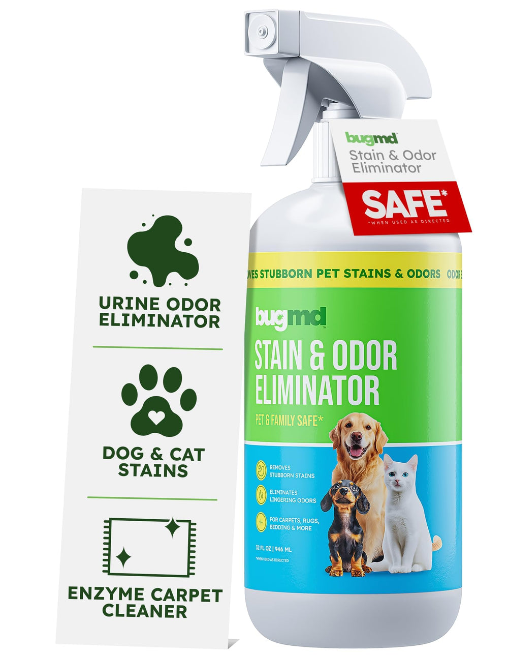 BugMD enzyme cleaner bottle targeting dog urine stain on carpet for fresh scent.
